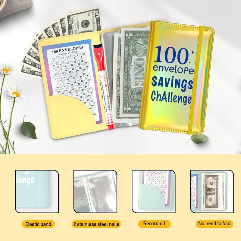 gusutide 100 Envelope Savings Challenge Binder, Money Saving Binder with Cash Envelopes, from 30 Days to 52 Weeks, to Save $500,$5,050 and $10,000, back to school supplies,gift for children (Golden-A6) - Image 3